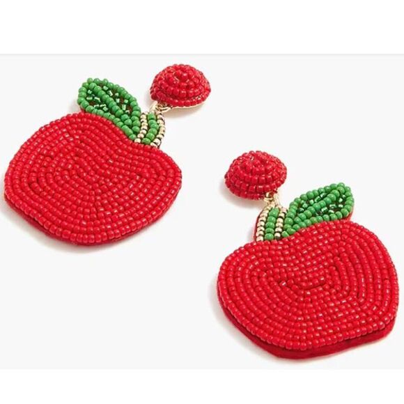 J Crew Women's Earrings  Dangle Beaded Red Apple Statement - Picture 1 of 5